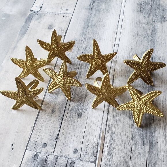 NWT - Set of 8 Gold Tone Metal Starfish Napkin Rings - Picture 1 of 3
